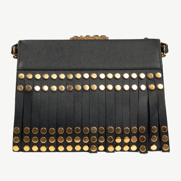 Prada Nero Saffiano Leather Studded Fringe Frame Shoulder Bag - Picture 4 of 14